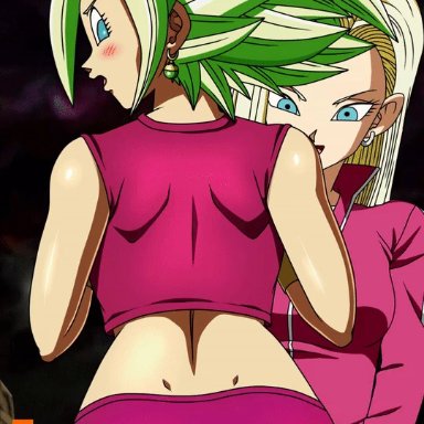 2girls, android 18, animated, ass, ass grab, back view, blonde hair, blue eyes, blush, clothes, dragon ball, dragon ball super, female, foxybulma, green hair