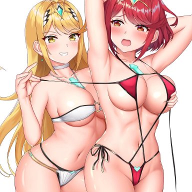 :d, 2girls, adapted costume, armpits, arms behind head, arms up, bangs, bikini, black ribbon, blonde hair, blush, breast grab, breasts, choker, circlet