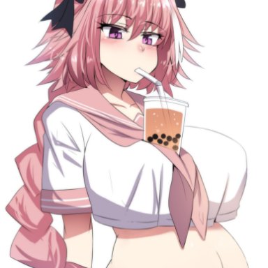 astolfo (fate), bangs, black bow, blush, bow, braid, breasts, bubble tea, bubble tea challenge, crop top, crop top overhang, drinking, drinking straw, eyebrows visible through hair, fate (series)