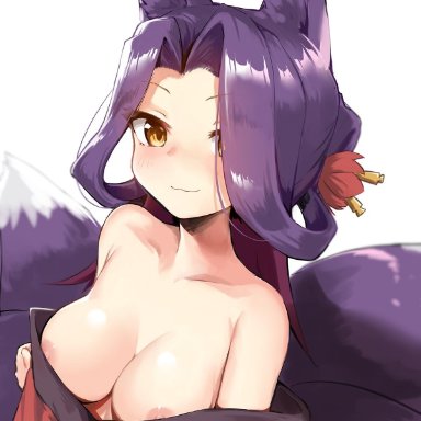 :3, animal ear fluff, animal ears, bangs, bare shoulders, blush, breasts, brown eyes, cleavage, closed mouth, collarbone, commentary request, eyebrows visible through hair, female, forehead