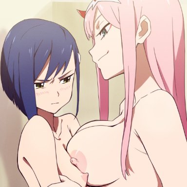 2girls, asymmetrical docking, big breasts, blue hair, breast envy, breast press, breasts, darling in the franxx, female, horns, ichigo (darling in the franxx), jealous, pink hair, small breasts, small horns