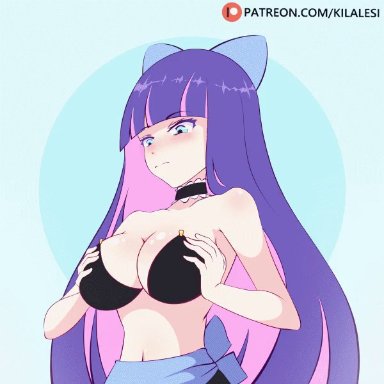 1girls, animated, big breasts, blush, bra, breast squeeze, breasts, cleavage, female, female only, kilalesi, large breasts, no sound, panty & stocking with garterbelt, stocking (psg)