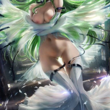 1girl, breasts, c.c., code geass, female, female only, green hair, highres, holding breast, holding breasts, large breasts, long hair, looking at viewer, nipples, pussy