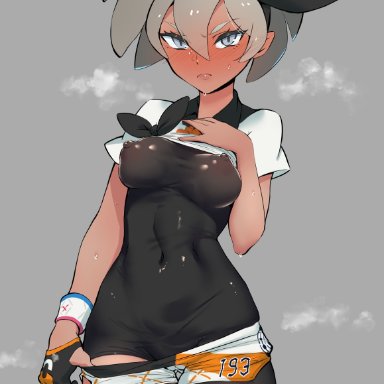 abs, barefoot, bea (pokemon), black gloves, bodysuit, dark skin, embarrassed, female, full body, gloves, grey eyes, grey hair, hairband, highres, navel