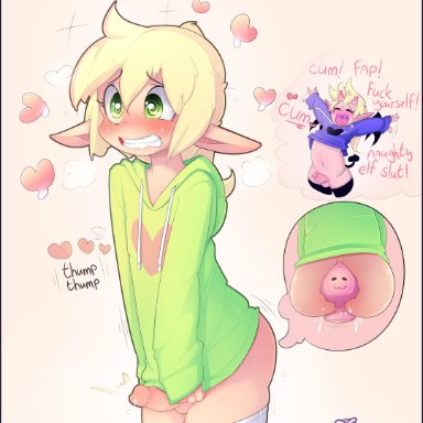 ass, blush, bottomless, buttplug, elf, erection, femboy, heartbeat, hiding erection, hoodie, hoodie (artist), max (hoodie), original character, sweat, thighhighs