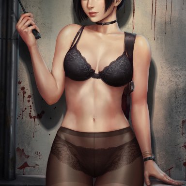 ada wong, areola, areolae, black hair, female, female only, looking at viewer, naked, resident evil, resident evil 2, sciamano240, short hair, standing