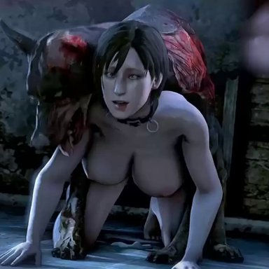 3d, ada wong, ahe gao, animated, bestiality, black hair, canine, cerberus (resident evil), collar, dog, doggy style, forced, fucked silly, knot, knot fucking