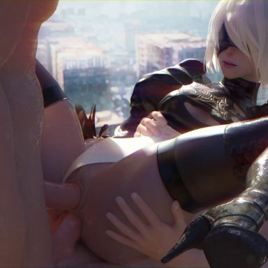 2boys, 3d, anal, anal penetration, anal sex, animated, asian cowgirl position, blender, blindfold, boots, breasts, cakeofcakes, cleavage, double penetration, edit