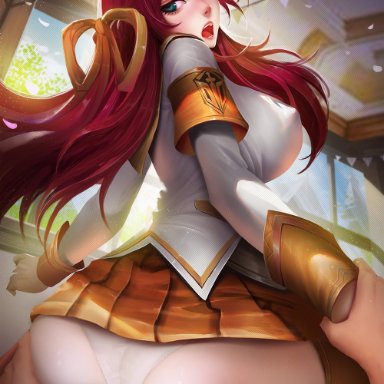 1girls, battle academia lux prestige edition, big breasts, breasts, cleavage, female, large breasts, league of legends, looking at viewer, looking back, luxanna crownguard, panties, pov, solo focus, thighhighs