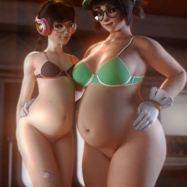 2girls, 3d, academy d.va, alternate costume, autodesk maya, bra, breasts, cleavage, d.va, female, female only, glasses, honeydew mei, looking at viewer, mei (overwatch)