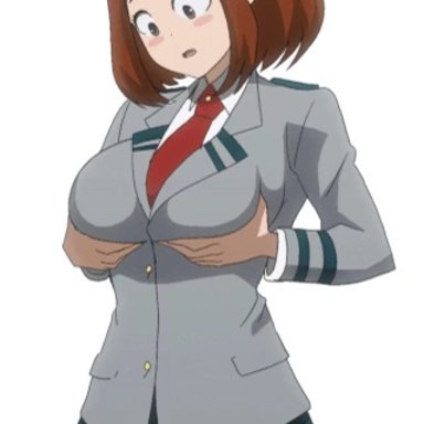 animated, cupping breasts, cyberunique, large breasts, my hero academia, ochako uraraka, school uniform