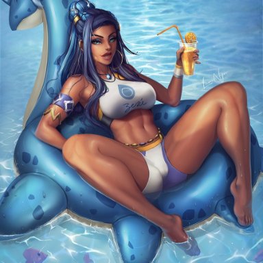 1girls, abs, alternate breast size, ambiguous gender, armpits, ass, barefoot, belly, big ass, big breasts, blue eyes, blue hair, blue skin, bracelet, breasts