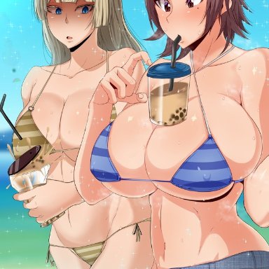 beach, bikini, breast envy, breasts, bubble tea, bubble tea challenge, cleavage, drink, drinking straw, hotpants, huge breasts, kazama asuka, lili (tekken), mucc, striped bikini