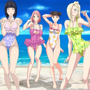 4girls, artemisumi, big breasts, frilled swimsuit, green swimsuit, hyuuga hinata, ino yamanaka, large breasts, milf, naruto, one-piece swimsuit, pink hair, pink swimsuit, print swimsuit, purple swimsuit