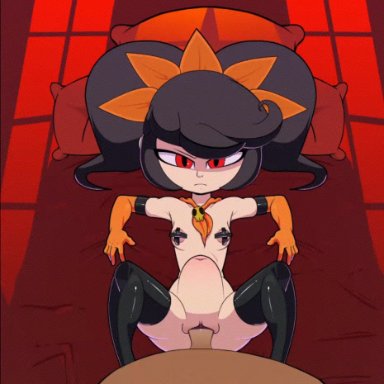 1boy, animated, ashley (warioware), bed, bed sheet, bedroom, belly, black hair, black legwear, bouncing breasts, breasts, bulge, evil eyes, expressionless, eyebrows