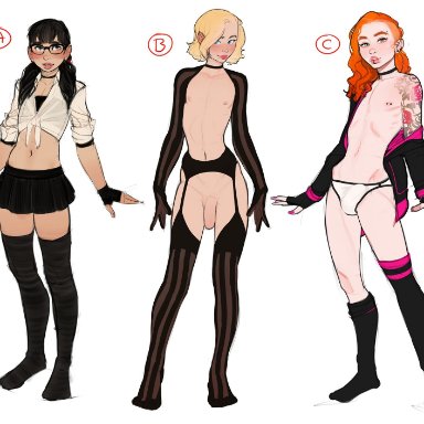 3boys, androgynous, armwear, concept art, crossdressing, femboy, garter belt, garter straps, girly, glasses, incase, knee socks, male, skirt, tattoo