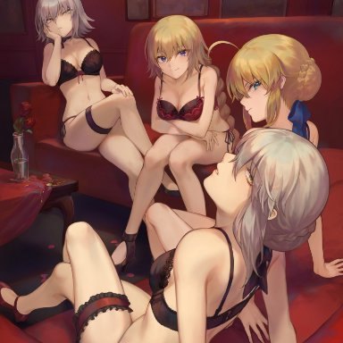 4girls, ahoge, arm support, artoria pendragon (all), bangs, bare shoulders, black bra, black footwear, black panties, blonde hair, blue eyes, blue ribbon, blush, bow, bow bra