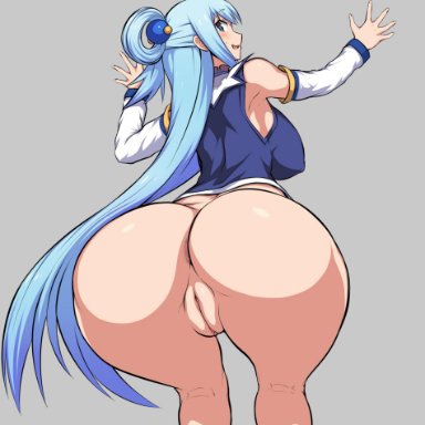 1girls, aqua (konosuba), aqua eyes, aqua hair, ass, bare shoulders, big ass, big butt, blue eyes, blue hair, blush, blushing, bottom heavy, bottomless, detached sleeves