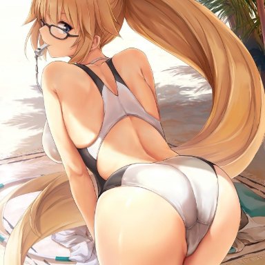 artist request, ass, beach, bent over, blonde hair, breasts, fate (series), fate/grand order, female, female only, glasses, jeanne alter, jeanne d&#039;arc (fate), jeanne d&#039;arc (swimsuit archer), long hair