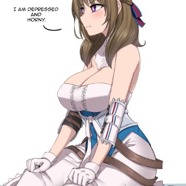 1girls, ass, bare shoulders, big ass, blush, breasts, brown hair, cleavage, clothed, Do You Love Your Mom?, dress, gloves, huge breasts, kneeling, long hair