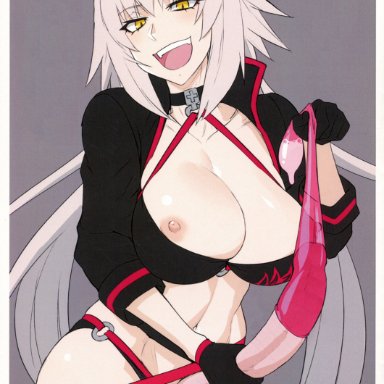 :d, ahoge, areolae, bikini, black bikini, black choker, black gloves, black jacket, breasts, choker, cleavage, collarbone, condom, cropped jacket, eyebrows visible through hair