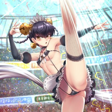 1girls, abs, adsouto, alternate costume, ambiguous gender, apron, armpits, ass, audience, bangs, banner, bare shoulders, being watched, bell, bell earrings