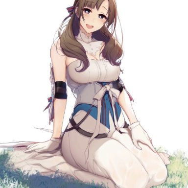 1girls, brown hair, cleavage, elbow pads, eyebrows visible through hair, female, full body, hair ribbon, hand on lap, large breasts, long hair, long skirt, looking at viewer, milf, mother