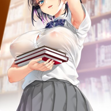 :d, :o, absurdres, armpits, bangs, black hair, black-framed eyewear, blue eyes, blush, book, book stack, bookshelf, bow, bowtie, breast hold