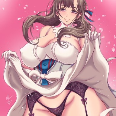 1girls, artist request, bare shoulders, braid, brown hair, cleavage, closed mouth, clothed, curvy, gloves, hair ribbon, huge ass, huge breasts, long hair, oosuki mamako