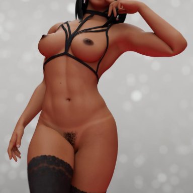 3d, abs, black eyes, black hair, blender, dark skin, dark-skinned female, fareeha amari, female, high resolution, looking away, muscle, muscular female, overwatch, pharah