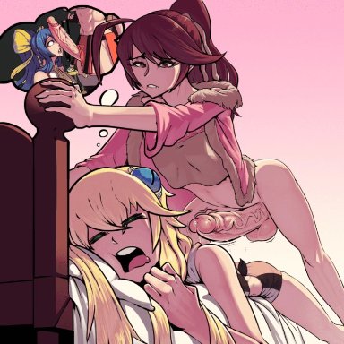 1futa, 1girls, after sex, ahe gao, animated, balls, blazblue, blush, boxman, breasts, celica a mercury, cum, cum drip, cum on ass, cum on penis