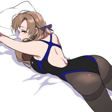 1girls, armpits, ass, back, backless swimsuit, bed, big ass, brown hair, clothed, competition swimsuit, huge breasts, large breasts, laying on bed, milf, oosuki mamako