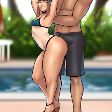 1boy, 1girls, ass, bikini, breasts, bulge, cleavage, female, male, micaela (mrpotatoparty), mrpotatoparty, platform heels, pool, seductive smile, tanline