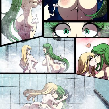 2girls, areolae, ass, big ass, blonde hair, blue eyes, breasts, closed eyes, comic, crossover, curvy, duo, female, female only, green eyes