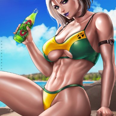 1girl, abs, ass, beverage, big ass, bikini, brown hair, cleavage, dandon fuga, digital media (artwork), female, female focus, female only, green eyes, grey hair