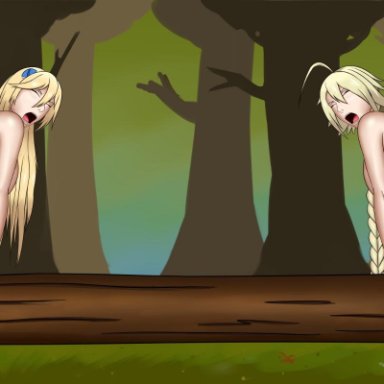 2girls, anal, anal sex, anus, bent over, blazblue, blonde hair, braid, closed eyes, disembodied penis, forest, grass, horse, horsecock, huge ass