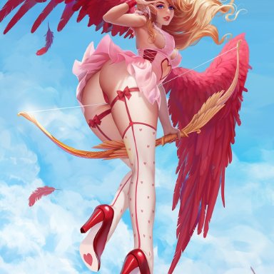 1girls, ass, blonde hair, blue eyes, bow, breasts, clothing, cupid, curvy, feathered wings, feathers, female, female only, hair, high heels