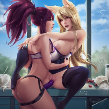 2019, 2girls, ahri, akali, animal ears, areolae, baking, batter, big breasts, blonde hair, breasts, dildo, female, female focus, female only