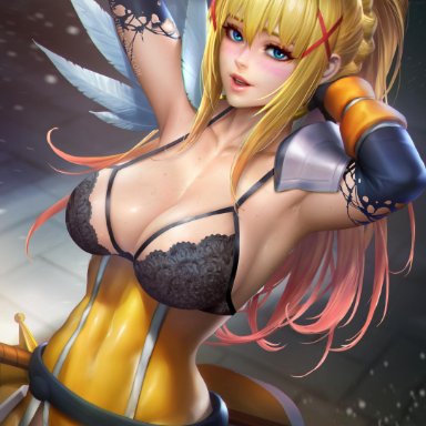 absurdres, arms up, blonde hair, bra, darkness (konosuba), female, female only, highres, kono subarashii sekai ni shukufuku wo!, neoartcore, paid reward, patreon reward, solo