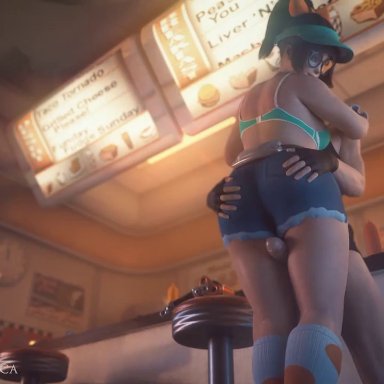 1boy, 1girls, 3d, alternate costume, animated, ass, autodesk maya, clothed female nude male, erection, female, honeydew mei, male, mei (overwatch), overwatch, penis