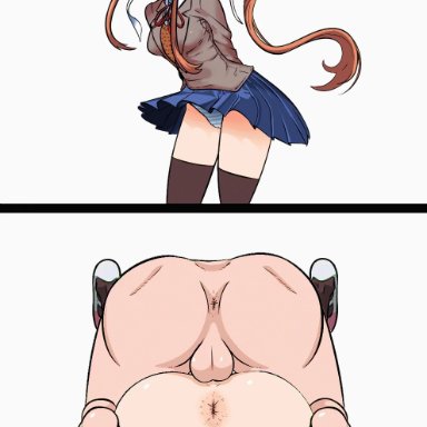animated, anus, arms behind back, ass, balls, balls deep, begging, big ass, blush, bow, brown hair, cameltoe, clothed female nude male, dialogue, doki doki literature club