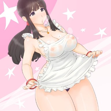 1girl, apron, areola, areolae, bangs, big breasts, black eyes, black hair, blue panties, blue underwear, blush, blushing, bracelets, breasts, busty