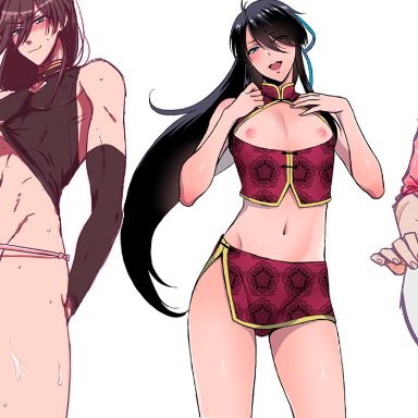 3boys, androgynous, black hair, blush, bulge, china dress, condom, crossdressing, dark hair, drifters, edit, erection, facial mark, femboy, girly