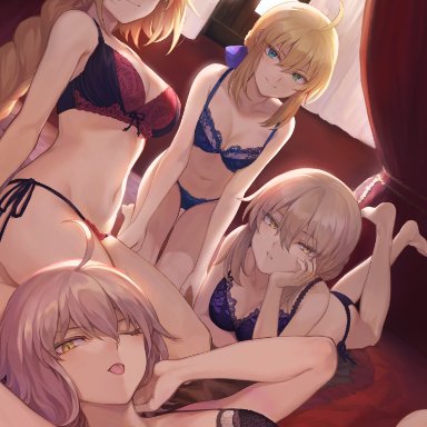 ;p, 4girls, ahoge, all fours, arm support, artoria pendragon (all), bangs, bare shoulders, black bra, black panties, blonde hair, blue eyes, blue ribbon, blush, bow