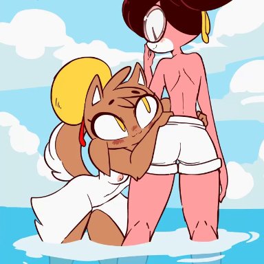 2girls, animated, ass, diives, female, female only, looking at viewer, looking back, nude, pink skin, pussy, sound, webm, yuri