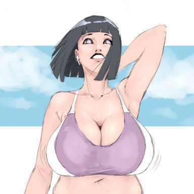 1girls, alternate breast size, armpits, black hair, blind, boruto: naruto next generations, bouncing breasts, breasts, busty, chubby, cleavage, clothed, headphones, huge breasts, hyuuga hinata