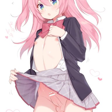 :o, +++ (artist), 1boy, ahoge, ass visible through thighs, bangs, bar censor, black jacket, black legwear, blazer, blue eyes, blush, bow, bowtie, censored