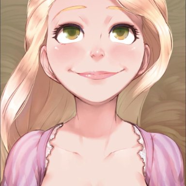 blonde hair, breasts out, disney, green eyes, long hair, mr.takealook, rapunzel, smile, tagme, tangled, watermark