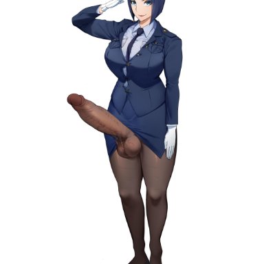 1235, 1futa, balls, blue hair, blue skirt, clothed, color, dickgirl, erection under clothes, erection under pantyhose, full body, futa only, futanari, gesture, gloves