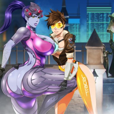 2girls, ass, big ass, big breasts, big butt, breast press, breasts, ero-enzo, huge ass, long hair, multiple girls, open mouth, overwatch, ponytail, short hair